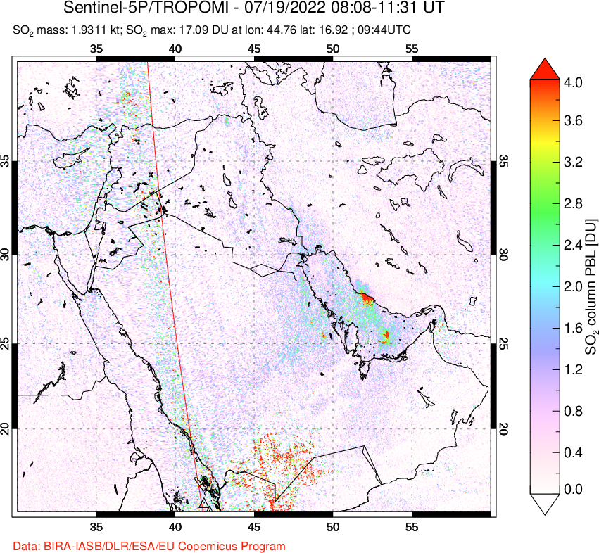 A sulfur dioxide image over Middle East on Jul 19, 2022.