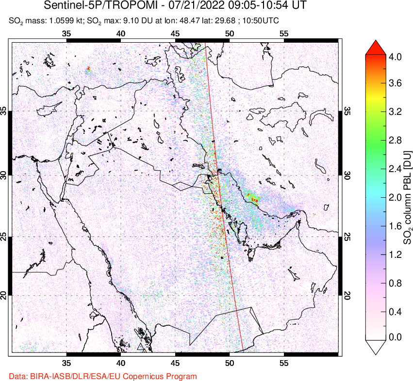 A sulfur dioxide image over Middle East on Jul 21, 2022.