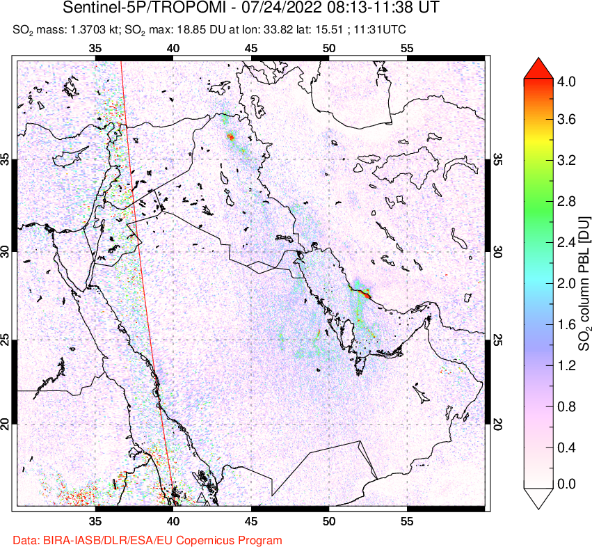 A sulfur dioxide image over Middle East on Jul 24, 2022.