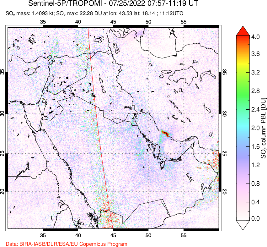 A sulfur dioxide image over Middle East on Jul 25, 2022.