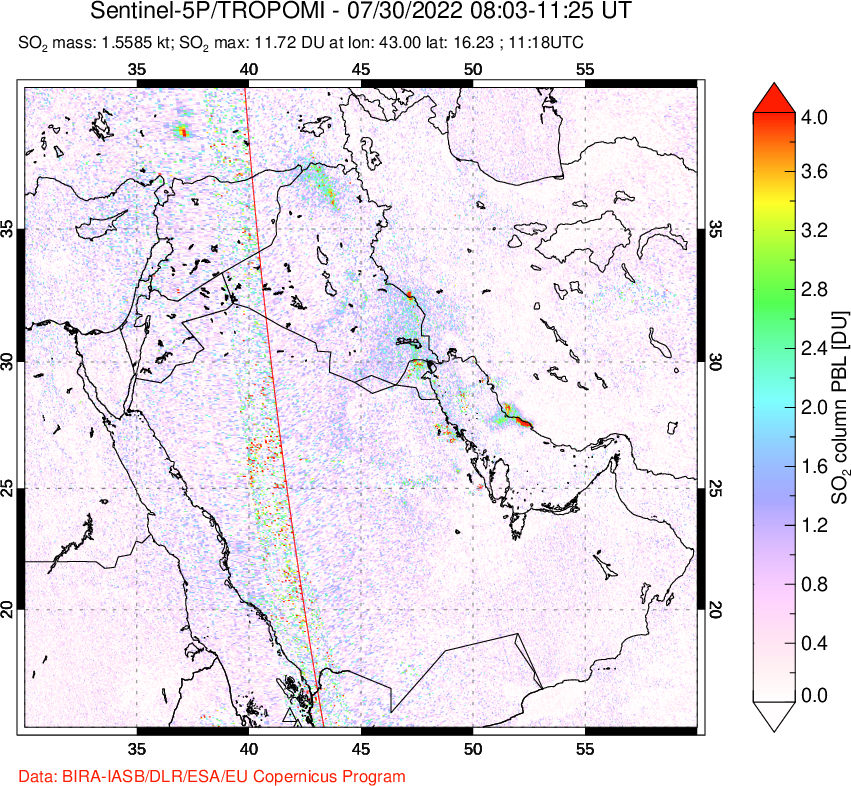 A sulfur dioxide image over Middle East on Jul 30, 2022.