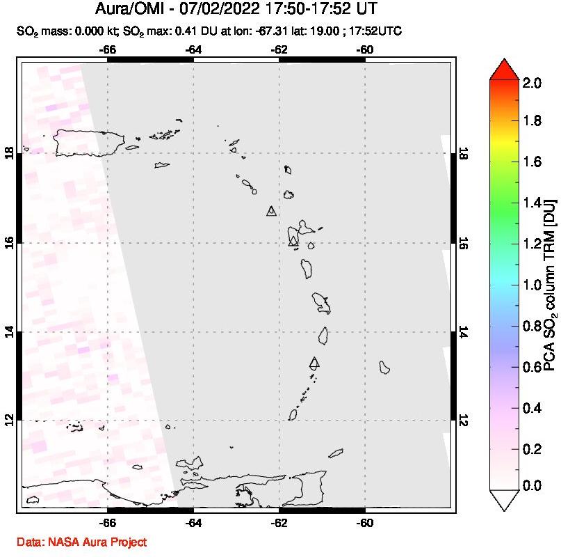 A sulfur dioxide image over Montserrat, West Indies on Jul 02, 2022.
