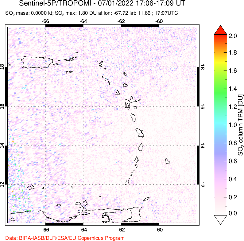 A sulfur dioxide image over Montserrat, West Indies on Jul 01, 2022.
