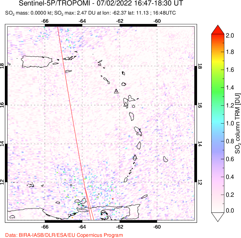 A sulfur dioxide image over Montserrat, West Indies on Jul 02, 2022.
