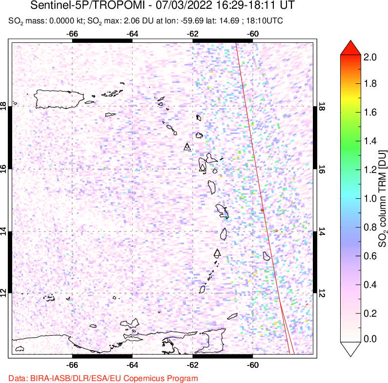 A sulfur dioxide image over Montserrat, West Indies on Jul 03, 2022.