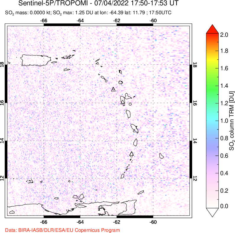 A sulfur dioxide image over Montserrat, West Indies on Jul 04, 2022.