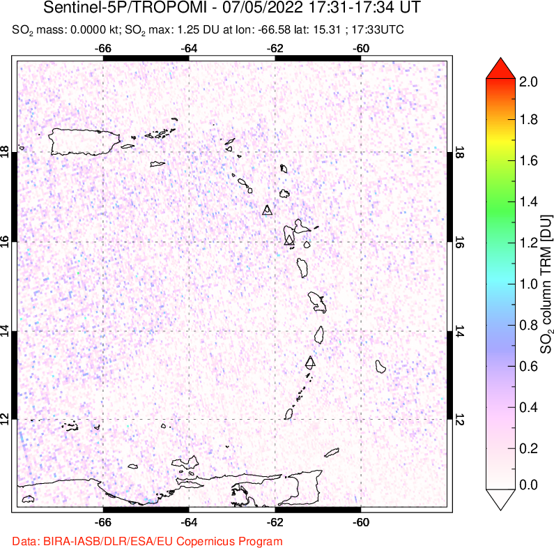 A sulfur dioxide image over Montserrat, West Indies on Jul 05, 2022.