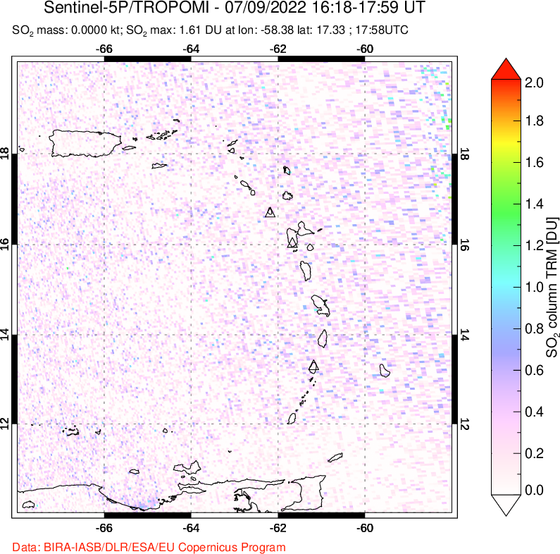 A sulfur dioxide image over Montserrat, West Indies on Jul 09, 2022.
