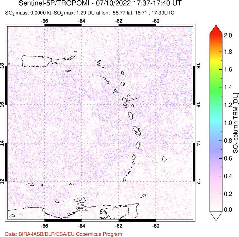 A sulfur dioxide image over Montserrat, West Indies on Jul 10, 2022.