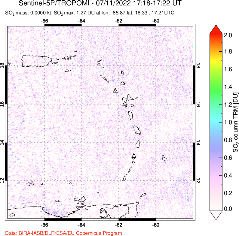 A sulfur dioxide image over Montserrat, West Indies on Jul 11, 2022.