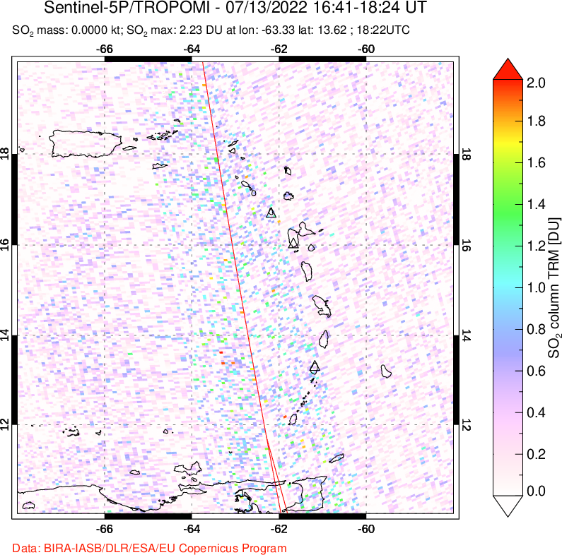 A sulfur dioxide image over Montserrat, West Indies on Jul 13, 2022.
