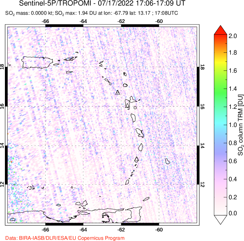 A sulfur dioxide image over Montserrat, West Indies on Jul 17, 2022.