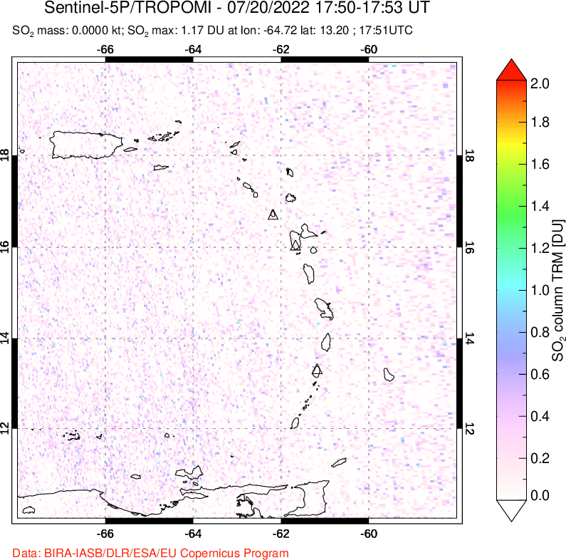 A sulfur dioxide image over Montserrat, West Indies on Jul 20, 2022.