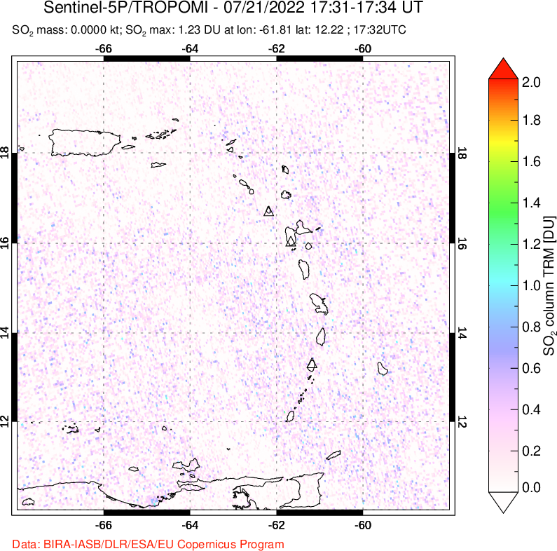 A sulfur dioxide image over Montserrat, West Indies on Jul 21, 2022.