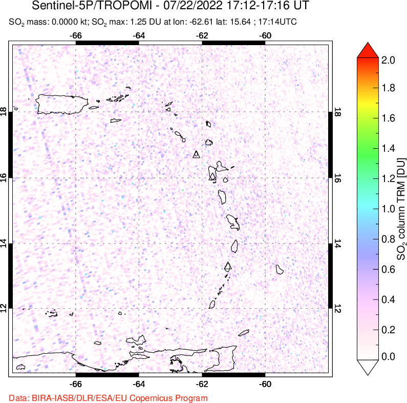 A sulfur dioxide image over Montserrat, West Indies on Jul 22, 2022.