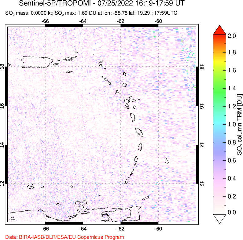 A sulfur dioxide image over Montserrat, West Indies on Jul 25, 2022.