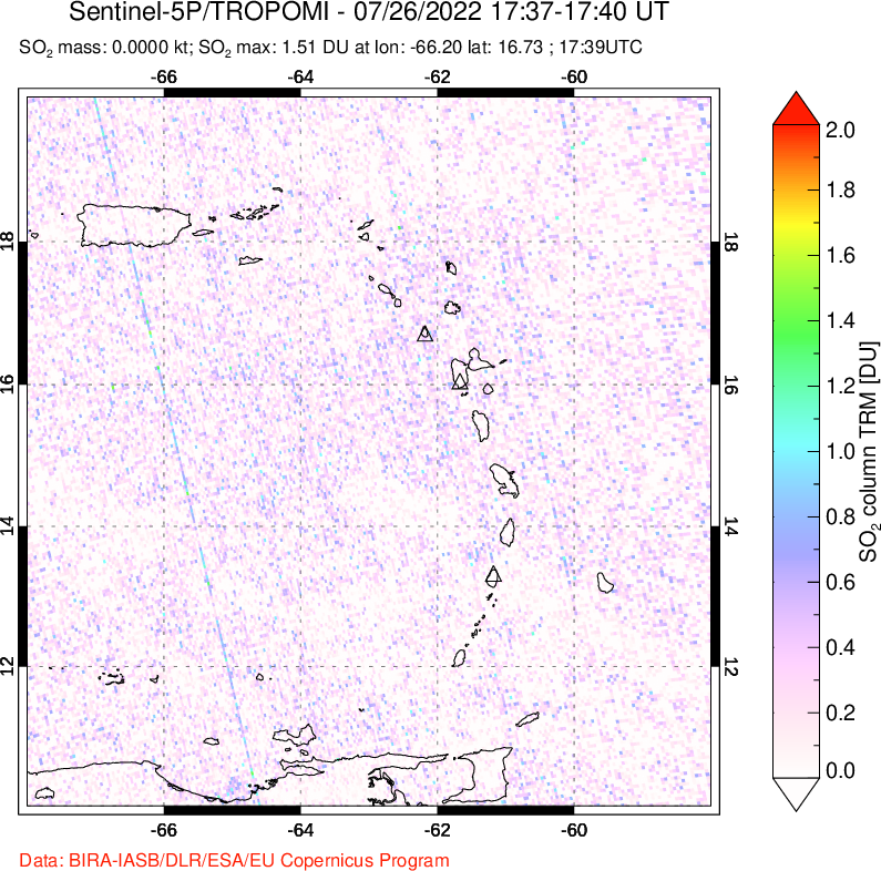 A sulfur dioxide image over Montserrat, West Indies on Jul 26, 2022.