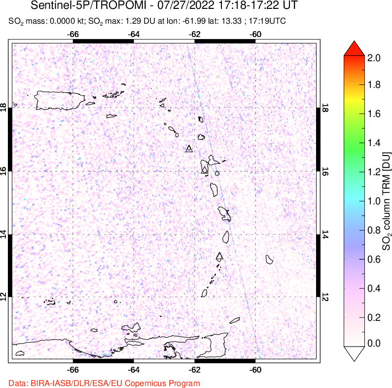 A sulfur dioxide image over Montserrat, West Indies on Jul 27, 2022.