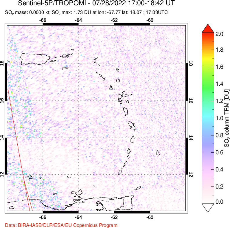 A sulfur dioxide image over Montserrat, West Indies on Jul 28, 2022.