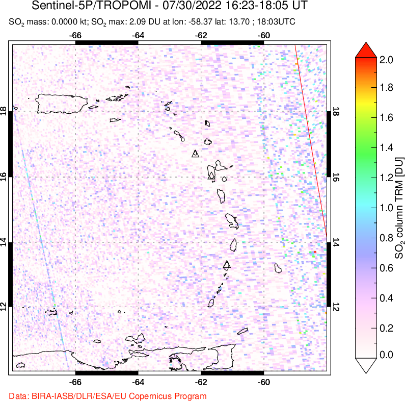 A sulfur dioxide image over Montserrat, West Indies on Jul 30, 2022.