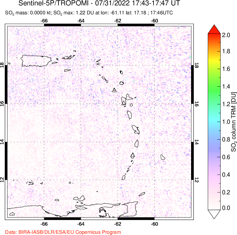 A sulfur dioxide image over Montserrat, West Indies on Jul 31, 2022.