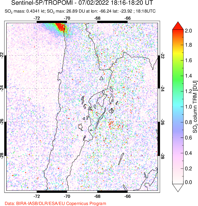 A sulfur dioxide image over Northern Chile on Jul 02, 2022.
