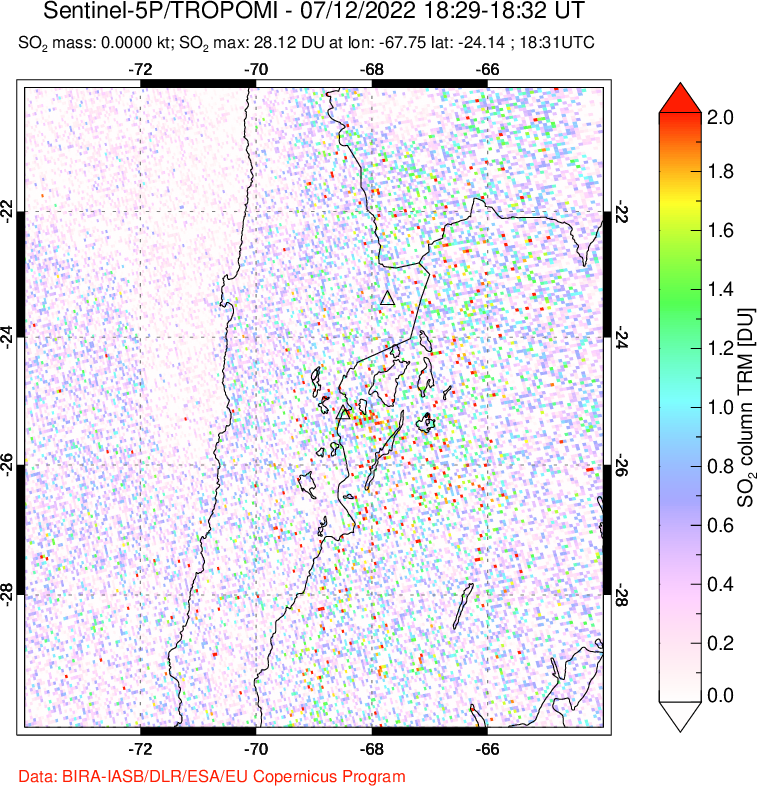 A sulfur dioxide image over Northern Chile on Jul 12, 2022.