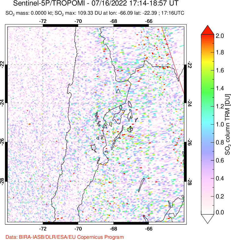 A sulfur dioxide image over Northern Chile on Jul 16, 2022.