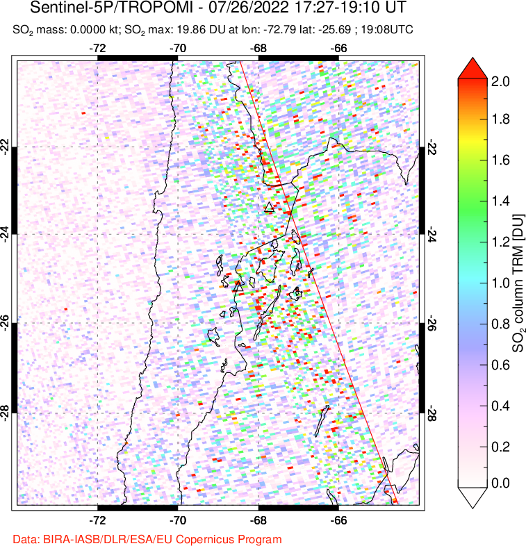 A sulfur dioxide image over Northern Chile on Jul 26, 2022.