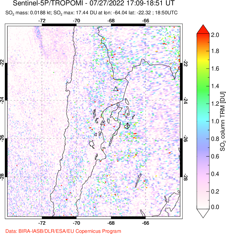 A sulfur dioxide image over Northern Chile on Jul 27, 2022.