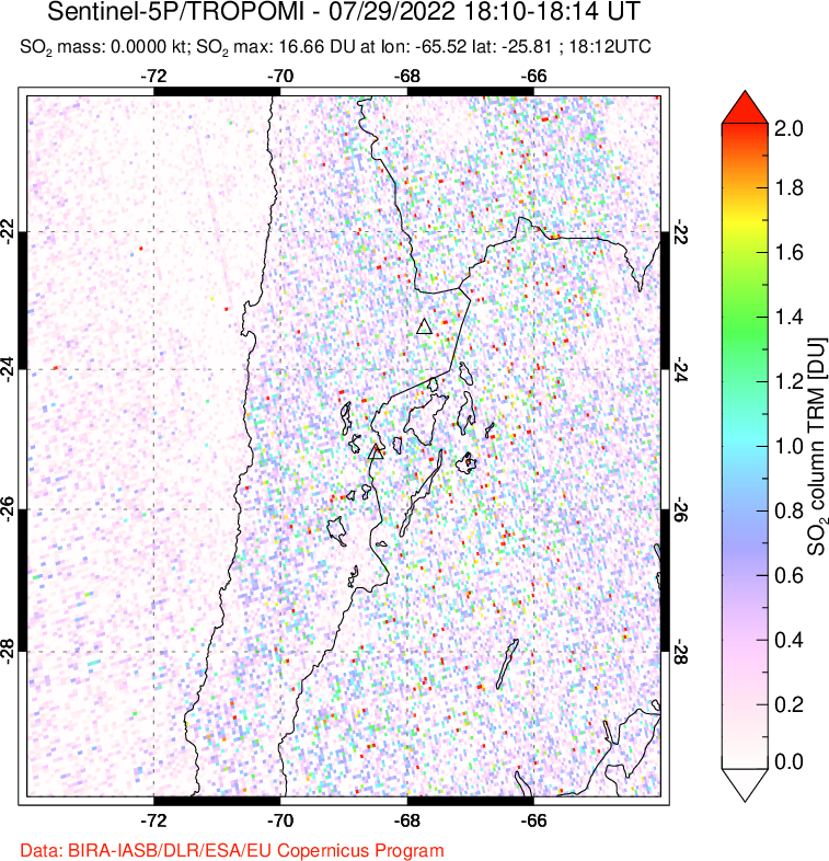 A sulfur dioxide image over Northern Chile on Jul 29, 2022.
