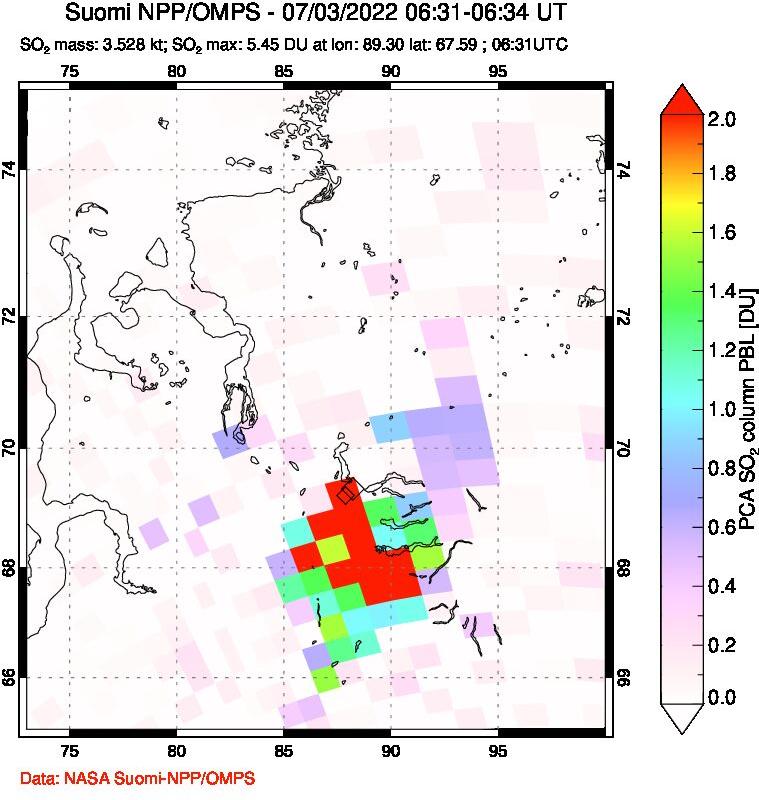 A sulfur dioxide image over Norilsk, Russian Federation on Jul 03, 2022.