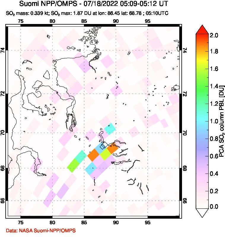 A sulfur dioxide image over Norilsk, Russian Federation on Jul 18, 2022.