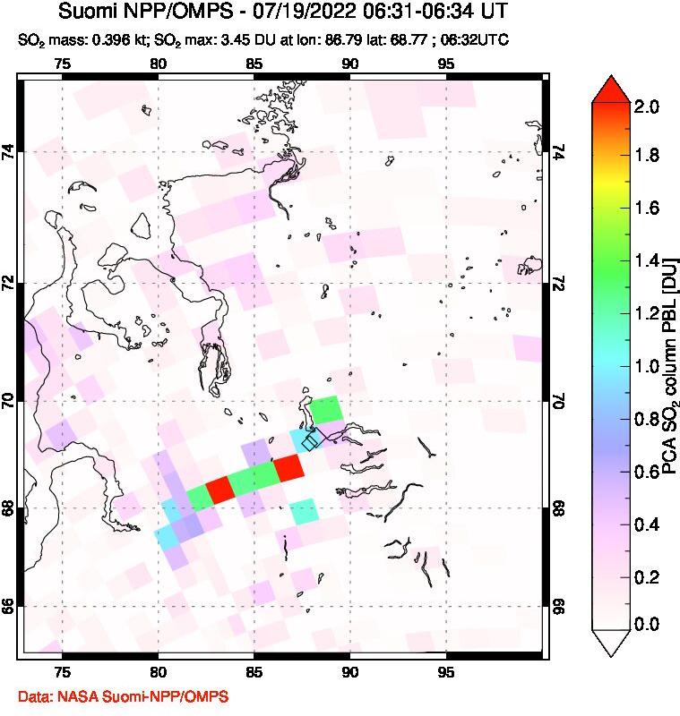 A sulfur dioxide image over Norilsk, Russian Federation on Jul 19, 2022.