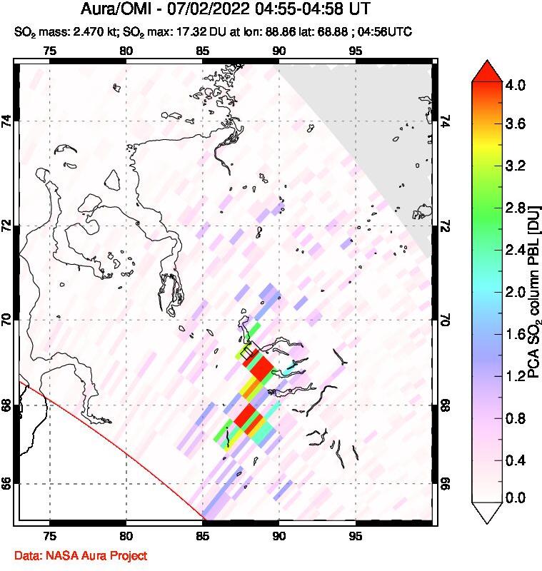 A sulfur dioxide image over Norilsk, Russian Federation on Jul 02, 2022.