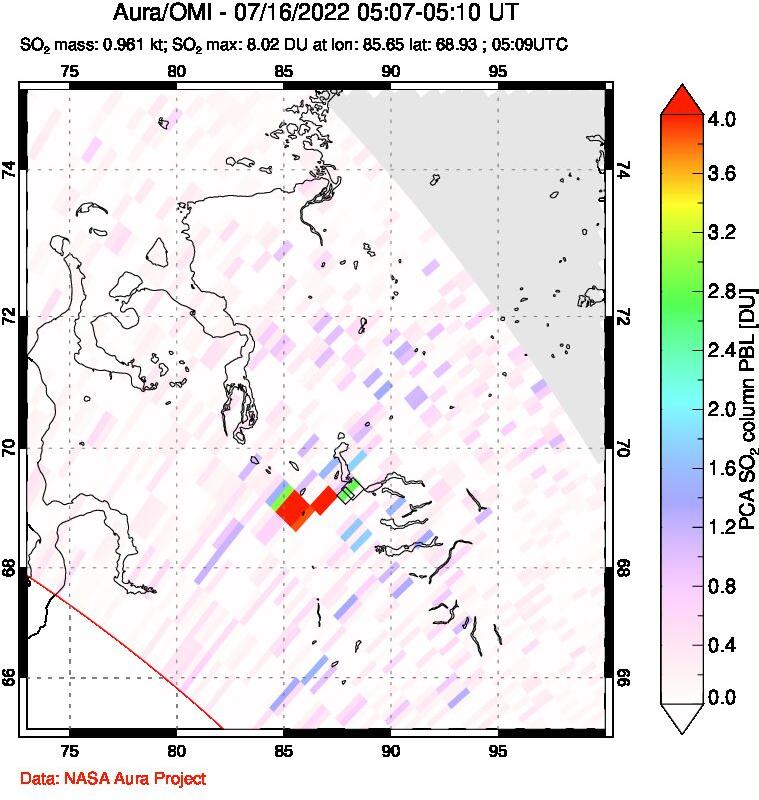 A sulfur dioxide image over Norilsk, Russian Federation on Jul 16, 2022.