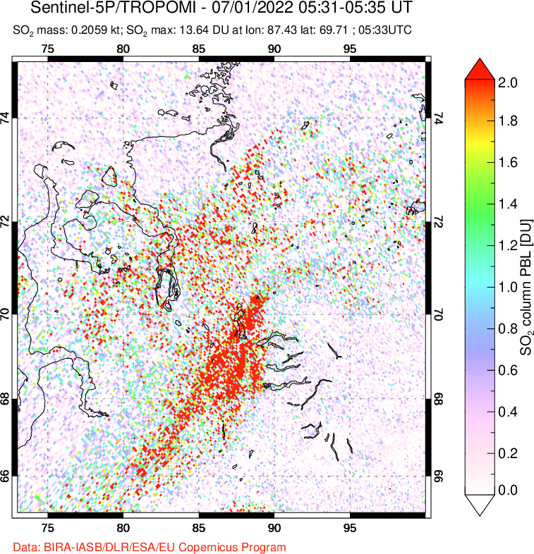 A sulfur dioxide image over Norilsk, Russian Federation on Jul 01, 2022.