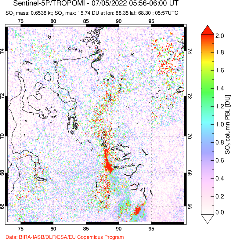 A sulfur dioxide image over Norilsk, Russian Federation on Jul 05, 2022.