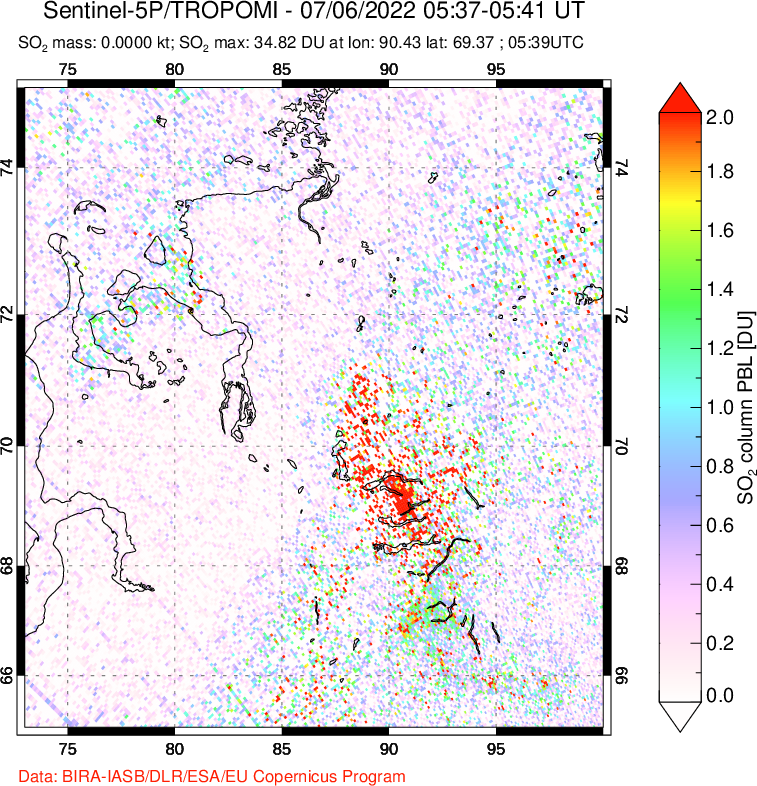 A sulfur dioxide image over Norilsk, Russian Federation on Jul 06, 2022.
