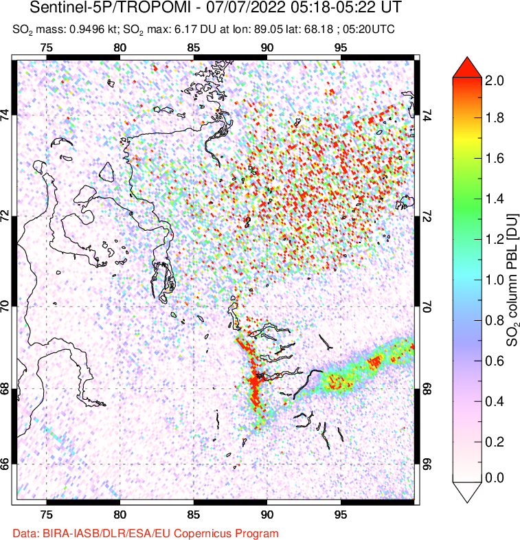 A sulfur dioxide image over Norilsk, Russian Federation on Jul 07, 2022.
