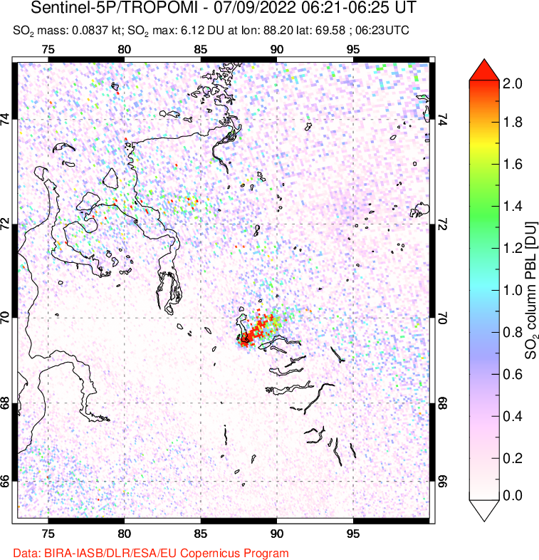 A sulfur dioxide image over Norilsk, Russian Federation on Jul 09, 2022.