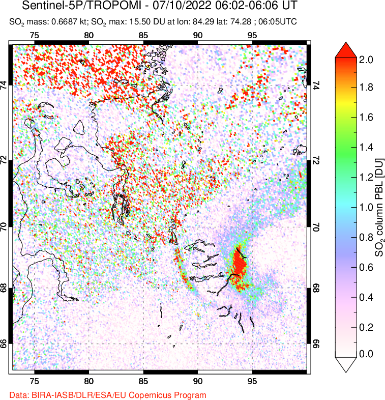 A sulfur dioxide image over Norilsk, Russian Federation on Jul 10, 2022.