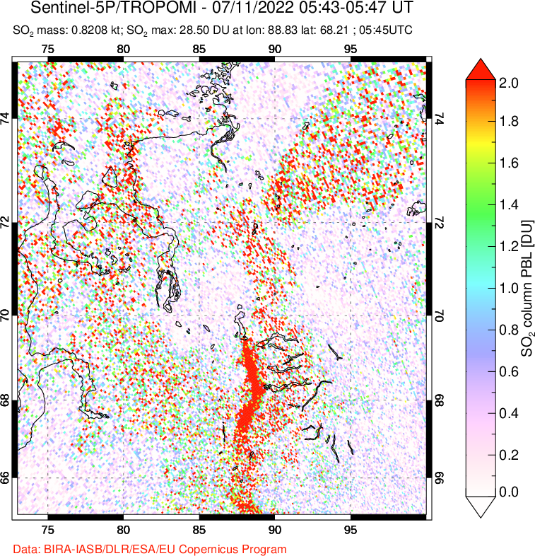 A sulfur dioxide image over Norilsk, Russian Federation on Jul 11, 2022.