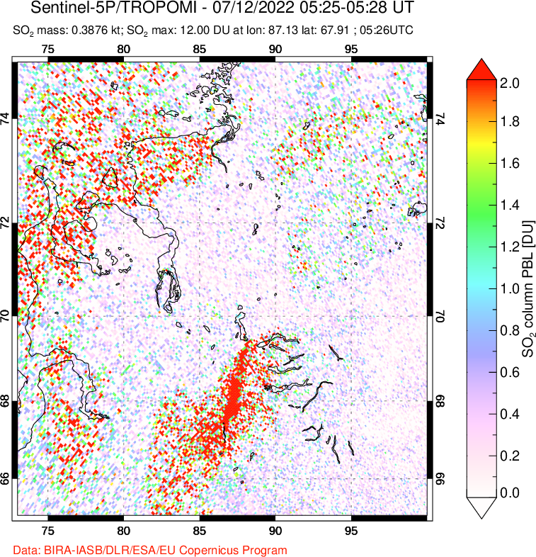 A sulfur dioxide image over Norilsk, Russian Federation on Jul 12, 2022.