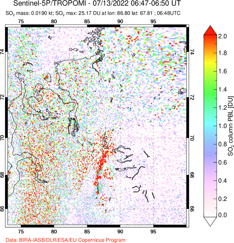 A sulfur dioxide image over Norilsk, Russian Federation on Jul 13, 2022.
