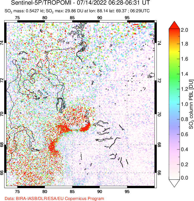 A sulfur dioxide image over Norilsk, Russian Federation on Jul 14, 2022.