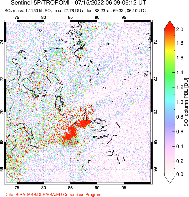 A sulfur dioxide image over Norilsk, Russian Federation on Jul 15, 2022.