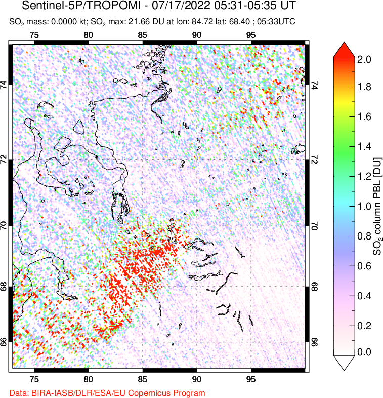 A sulfur dioxide image over Norilsk, Russian Federation on Jul 17, 2022.