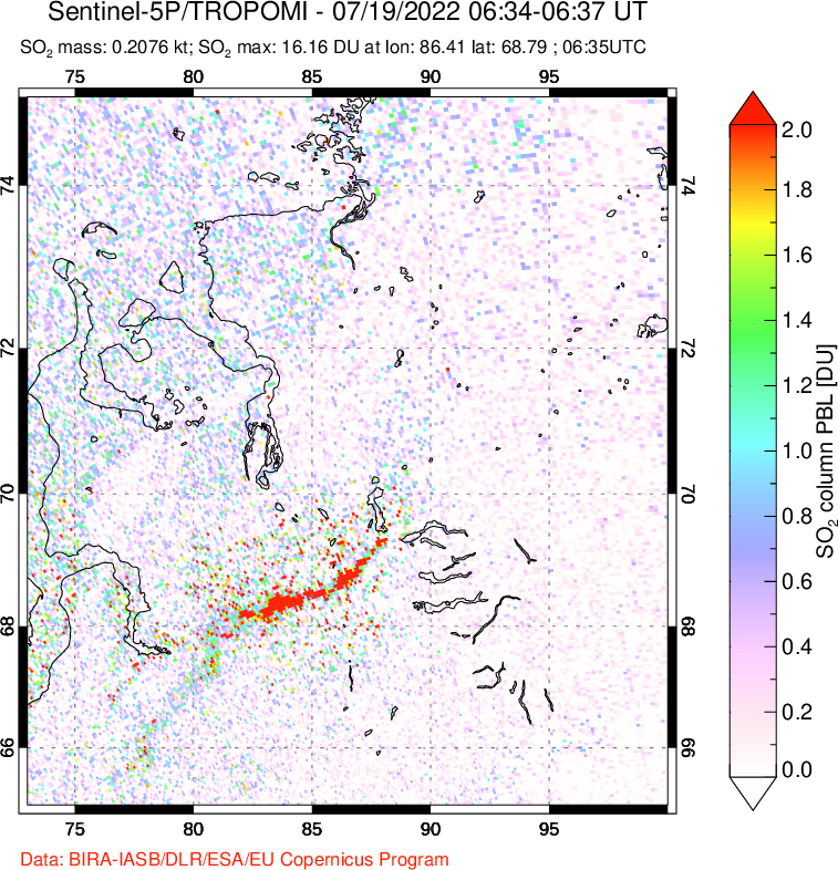 A sulfur dioxide image over Norilsk, Russian Federation on Jul 19, 2022.