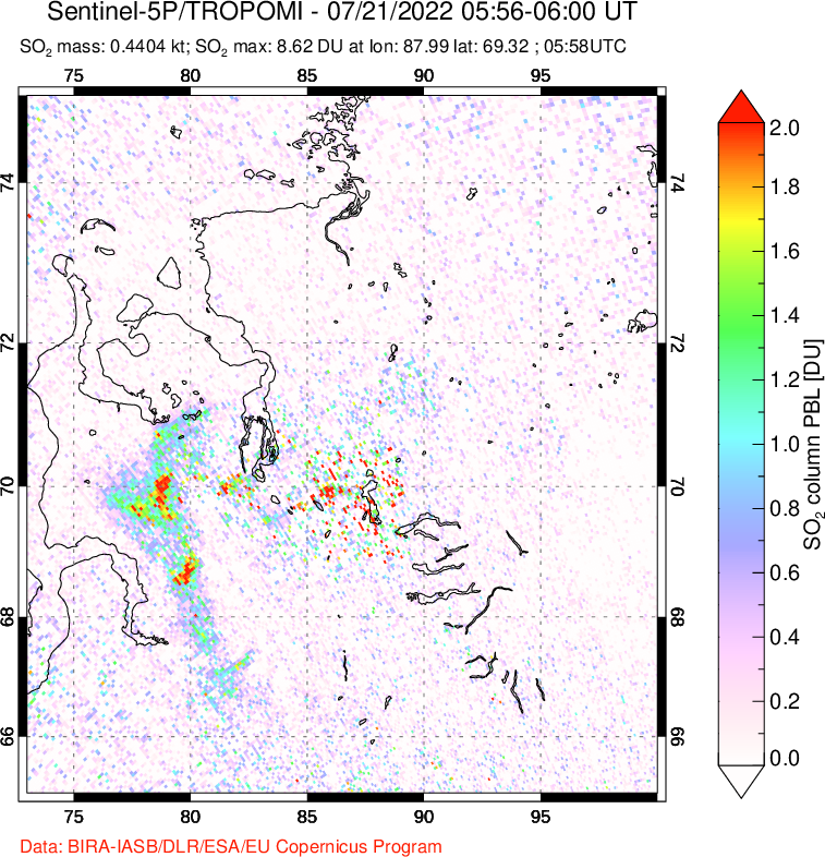 A sulfur dioxide image over Norilsk, Russian Federation on Jul 21, 2022.